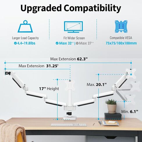 MOUNTUP Triple Monitor Mount, 3 Monitor Stand Desk Arm for Max 32'' Computer Screens, Max Extension 62.3" Gas Spring Triple Monitor Stand Holds 4.4-19.8lbs, VESA Bracket with Clamp/Grommet Base, Black in Saudi Arabia