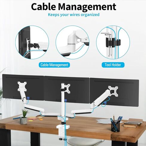MOUNTUP Triple Monitor Mount, 3 Monitor Stand Desk Arm for Max 32'' Computer Screens, Max Extension 62.3" Gas Spring Triple Monitor Stand Holds 4.4-19.8lbs, VESA Bracket with Clamp/Grommet Base, Black in Saudi Arabia