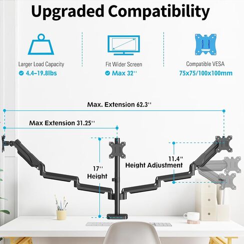 MOUNTUP Triple Monitor Mount, 3 Monitor Stand Desk Arm for Max 32'' Computer Screens, Max Extension 62.3" Gas Spring Triple Monitor Stand Holds 4.4-19.8lbs, VESA Bracket with Clamp/Grommet Base, Black in Saudi Arabia