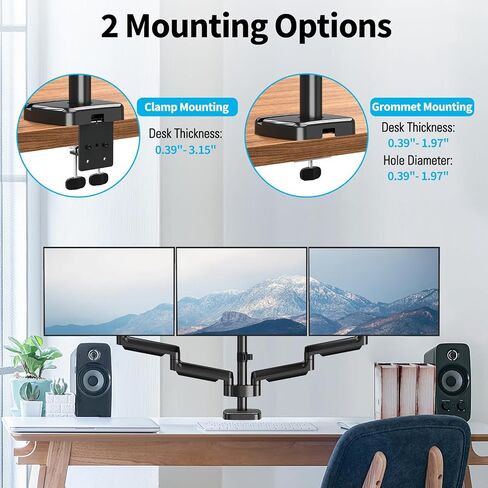 MOUNTUP Triple Monitor Mount, 3 Monitor Stand Desk Arm for Max 32'' Computer Screens, Max Extension 62.3" Gas Spring Triple Monitor Stand Holds 4.4-19.8lbs, VESA Bracket with Clamp/Grommet Base, Black in Saudi Arabia