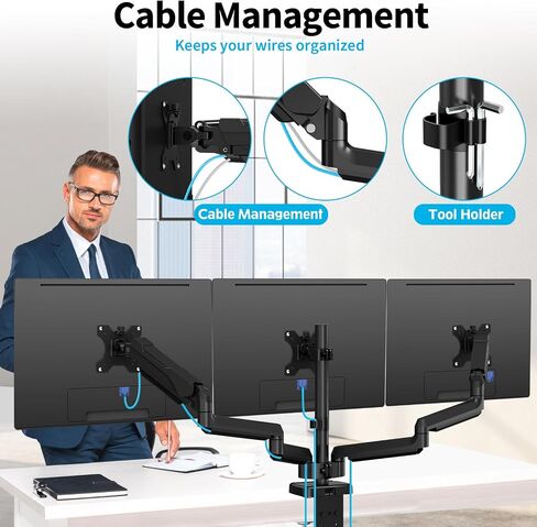 MOUNTUP Triple Monitor Mount, 3 Monitor Stand Desk Arm for Max 32'' Computer Screens, Max Extension 62.3" Gas Spring Triple Monitor Stand Holds 4.4-19.8lbs, VESA Bracket with Clamp/Grommet Base, Black in Saudi Arabia