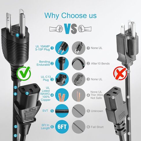 Chanzon PC Monitor Power Cord Personal Computer 10A 125V UL Certificated Vizio 3 Prong for Plasma bravia uhd Smart TV, Supply Plug Replacement (IEC320C13) Universal Ac Cable 10ft in Saudi Arabia