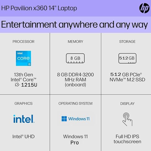HP Pavilion x360 2-in-1 Laptop (14" FHD Touchscreen, Intel 6-Core i3 (> i5-1235U), 8GB RAM, 512GB SSD, Active Stylus) for Creator, Streaming, Traveling, Long Battery Life, Webcam, Win 11 Pro, Blue in Saudi Arabia