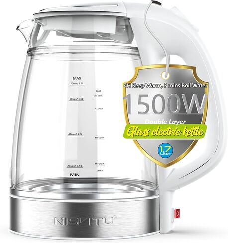 Double Glass Electric Kettle Cordless Electric Kettle Hot Water Boiler Electric Tea Kettle Automatic Shut off 1.7L Stainless Steel Kettle Electric Teapot Boil-Dry Protection Anti-Scald (White) in Saudi Arabia