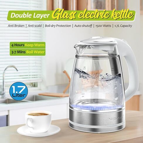 Double Glass Electric Kettle Cordless Electric Kettle Hot Water Boiler Electric Tea Kettle Automatic Shut off 1.7L Stainless Steel Kettle Electric Teapot Boil-Dry Protection Anti-Scald (White) in Saudi Arabia