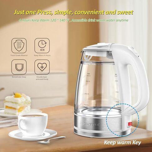 Double Glass Electric Kettle Cordless Electric Kettle Hot Water Boiler Electric Tea Kettle Automatic Shut off 1.7L Stainless Steel Kettle Electric Teapot Boil-Dry Protection Anti-Scald (White) in Saudi Arabia