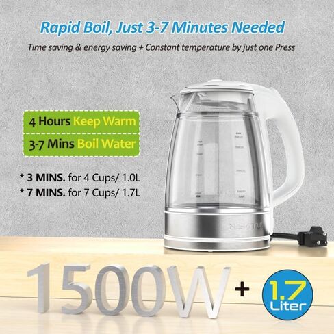Double Glass Electric Kettle Cordless Electric Kettle Hot Water Boiler Electric Tea Kettle Automatic Shut off 1.7L Stainless Steel Kettle Electric Teapot Boil-Dry Protection Anti-Scald (White) in Saudi Arabia