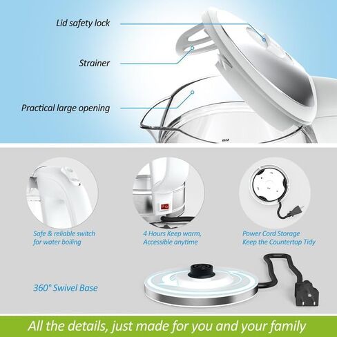 Double Glass Electric Kettle Cordless Electric Kettle Hot Water Boiler Electric Tea Kettle Automatic Shut off 1.7L Stainless Steel Kettle Electric Teapot Boil-Dry Protection Anti-Scald (White) in Saudi Arabia