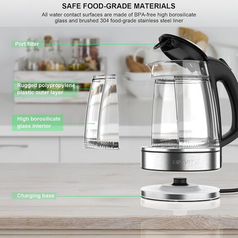 Double Glass Electric Kettle Cordless Electric Kettle Hot Water Boiler Electric Tea Kettle Automatic Shut off 1.7L Stainless Steel Kettle Electric Teapot Boil-Dry Protection Anti-Scald (White) in Saudi Arabia