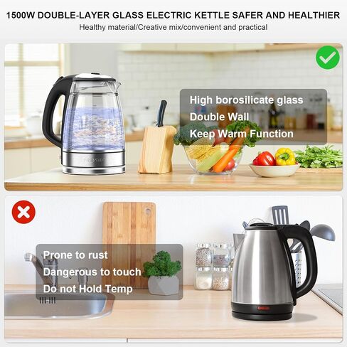 Double Glass Electric Kettle Cordless Electric Kettle Hot Water Boiler Electric Tea Kettle Automatic Shut off 1.7L Stainless Steel Kettle Electric Teapot Boil-Dry Protection Anti-Scald (White) in Saudi Arabia