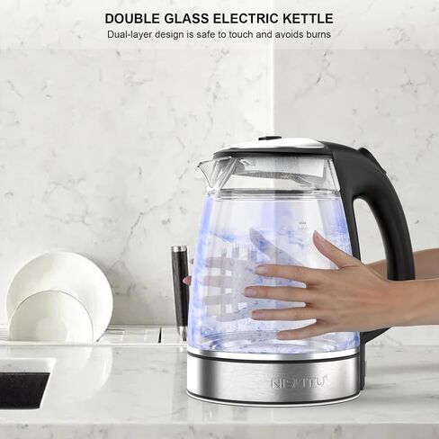 Double Glass Electric Kettle Cordless Electric Kettle Hot Water Boiler Electric Tea Kettle Automatic Shut off 1.7L Stainless Steel Kettle Electric Teapot Boil-Dry Protection Anti-Scald (White) in Saudi Arabia