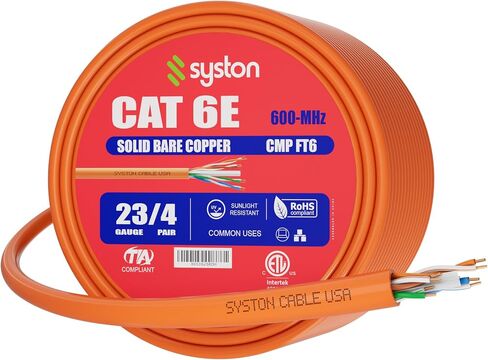كابل شبكة إيثرنت Cat 6E - 100 قدم، 600 ميجاهرتز 23AWG سلك نحاسي صلب عاري خارجي/داخلي، مجموعة لا تنتهي من 10 قدم إلى 1000 قدم، مُصنف مقاوم للحرارة - CMR in Kuwait