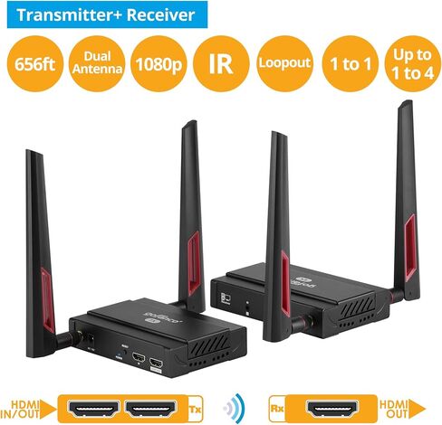مجموعة موسع HDMI اللاسلكية gofanco 5 جيجا هرتز - ما يصل إلى 656 قدمًا (200 مترًا) عند 1080 بكسل، تدعم ما يصل إلى 4 أجهزة استقبال، هوائي مزدوج، مدى طويل، تردد 5 جيجا هرتز، حلقة، امتداد الأشعة تحت الحمراء، صوت 2 قناة PCM (HDwireless1x4) in Kuwait
