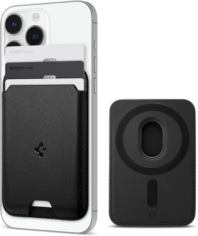 Spigen Magnetic Wallet Card Holder (MagFit) Designed for MagSafe Compatible with iPhone 16, iPhone 15, iPhone 14, iPhone 13, iPhone 12 Models - PU Black (3-Cards) in Kuwait