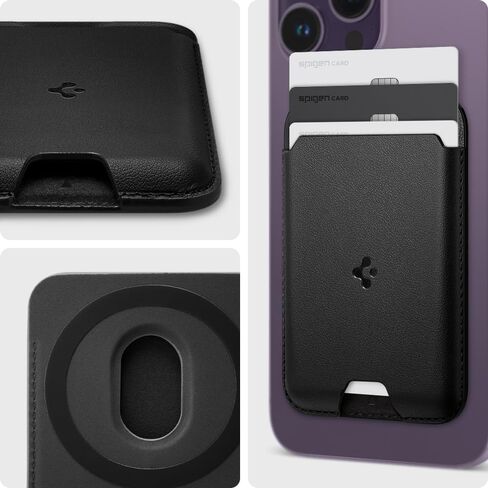 Spigen Magnetic Wallet Card Holder (MagFit) Designed for MagSafe Compatible with iPhone 16, iPhone 15, iPhone 14, iPhone 13, iPhone 12 Models - PU Black (3-Cards) in Kuwait