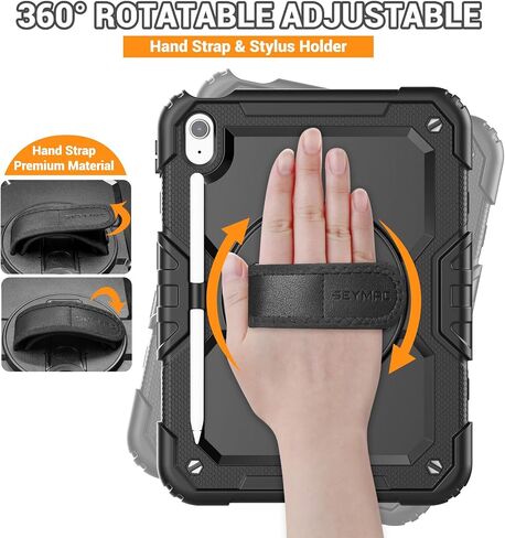 SEYMAC Case for iPad 10th Generation Case 10.9 Inch 2022, Sturdy Heavy Duty Full-Body Shockproof Protective Case with Screen Protector, Rotating Stand, Hand/Shoulder Strap for iPad 10th Gen, Black in Kuwait