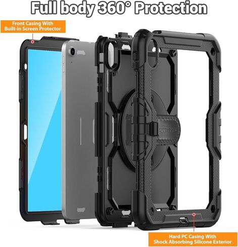 SEYMAC Case for iPad 10th Generation Case 10.9 Inch 2022, Sturdy Heavy Duty Full-Body Shockproof Protective Case with Screen Protector, Rotating Stand, Hand/Shoulder Strap for iPad 10th Gen, Black in Kuwait
