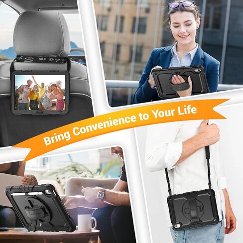 SEYMAC Case for iPad 10th Generation Case 10.9 Inch 2022, Sturdy Heavy Duty Full-Body Shockproof Protective Case with Screen Protector, Rotating Stand, Hand/Shoulder Strap for iPad 10th Gen, Black in Kuwait