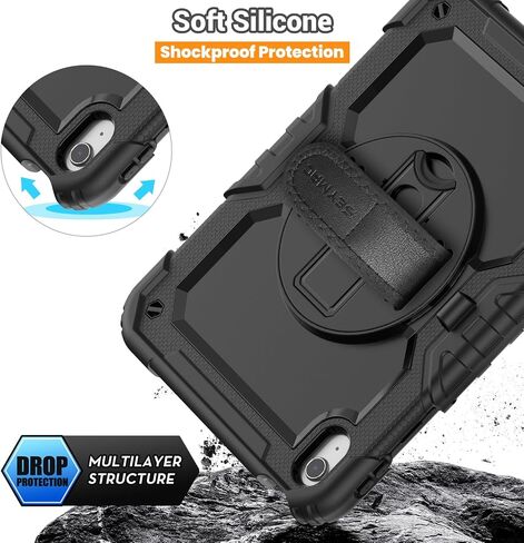 SEYMAC Case for iPad 10th Generation Case 10.9 Inch 2022, Sturdy Heavy Duty Full-Body Shockproof Protective Case with Screen Protector, Rotating Stand, Hand/Shoulder Strap for iPad 10th Gen, Black in Kuwait