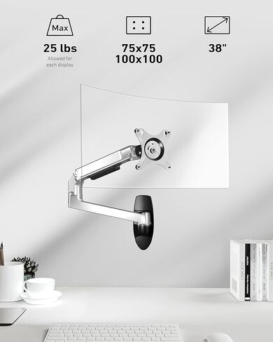 Single Monitor Wall Mount for Flat/Curved Monitors up to 38" Within 25lbs, Full Motion Adjustable Wall Mount Monitor Arm, 75x75/100x100mm VESA Wall Mount Arm with Cable Management, Black in Kuwait