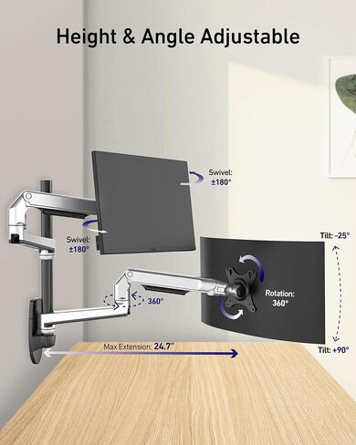 Single Monitor Wall Mount for Flat/Curved Monitors up to 38" Within 25lbs, Full Motion Adjustable Wall Mount Monitor Arm, 75x75/100x100mm VESA Wall Mount Arm with Cable Management, Black in Kuwait