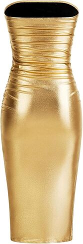 SOLY HUX Sexy Faux Leather Dress for Women Bodycon Dresses Strapless Leather Tube Dress Midi Long Party Club Dress in Saudi Arabia