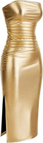SOLY HUX Sexy Faux Leather Dress for Women Bodycon Dresses Strapless Leather Tube Dress Midi Long Party Club Dress in Saudi Arabia