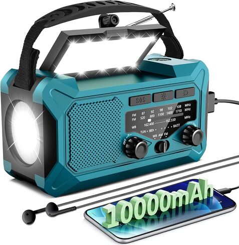راديو الطقس لكرنك اليد في حالات الطوارئ، راديو Toolchums 10000 مللي أمبير AM/FM/NOAA يعمل بالطاقة الشمسية مع شاحن هاتف، مشحون بمنفذ USB، مقبس سماعة رأس بمصباح يدوي للقراءة، منبه SOS (أزرق) in Saudi Arabia