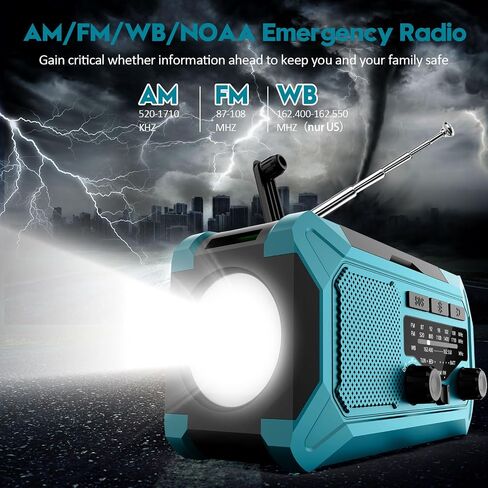 راديو الطقس لكرنك اليد في حالات الطوارئ، راديو Toolchums 10000 مللي أمبير AM/FM/NOAA يعمل بالطاقة الشمسية مع شاحن هاتف، مشحون بمنفذ USB، مقبس سماعة رأس بمصباح يدوي للقراءة، منبه SOS (أزرق) in Saudi Arabia