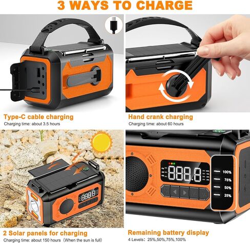 44400mWh/12000mAh Emergency Radio, Hand Crank Radio, Portable Solar Radio AM/FM/NOAA Weather Radio with 2 Solar Panels,3 Charging Methods,SOS Alarm,Flashlight,Phone Charger,Compass,Reading Lamp in Saudi Arabia