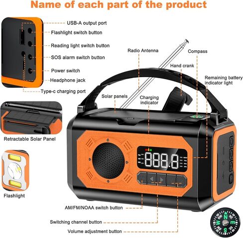 44400mWh/12000mAh Emergency Radio, Hand Crank Radio, Portable Solar Radio AM/FM/NOAA Weather Radio with 2 Solar Panels,3 Charging Methods,SOS Alarm,Flashlight,Phone Charger,Compass,Reading Lamp in Saudi Arabia