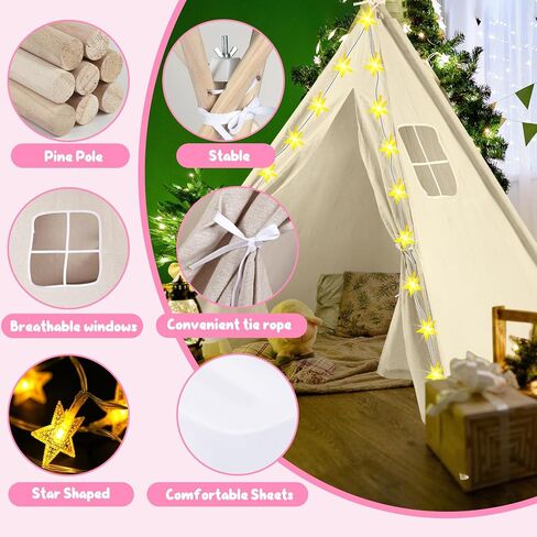 PLULON 4 Pack Teepee Tent for Kids Bulk Kids Sleepover Tents with Inflatable Airbed and Tent Decorations Play Tent Slumber Party Indoor Teepee Tents for Girls Boys Outdoor - White in Kuwait