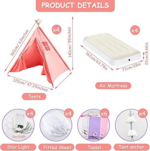 PLULON 4 Pack Teepee Tent for Kids Bulk Kids Sleepover Tents with Inflatable Airbed and Tent Decorations Play Tent Slumber Party Indoor Teepee Tents for Girls Boys Outdoor - White in Kuwait