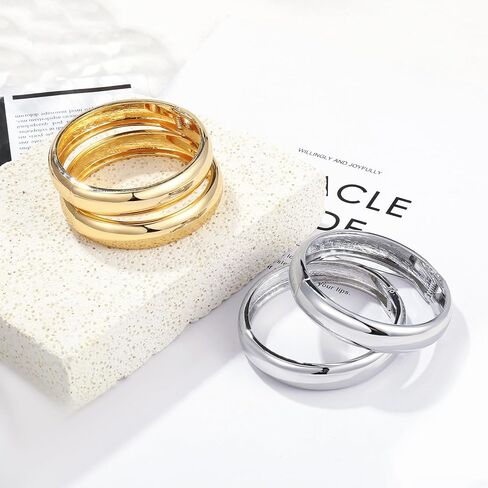 2Pcs Bangle Bracelets for Women 14k Gold Plated Chunky Gold Bangle Set Hinged Cuff Bracelets Trendy Gold Bracelets for Women in Kuwait