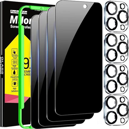 واقي شاشة للخصوصية من Milomdoi مكون من 4 قطع لهاتف Apple iPhone 15 Pro Max مع 4 قطع من واقي عدسة الكاميرا من الزجاج المقوى، وملحقات Ultra 9H، صديقة للحافظة، إطار تثبيت، منحني 2.5D، أسود in Kuwait