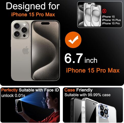واقي شاشة للخصوصية من Milomdoi مكون من 4 قطع لهاتف Apple iPhone 15 Pro Max مع 4 قطع من واقي عدسة الكاميرا من الزجاج المقوى، وملحقات Ultra 9H، صديقة للحافظة، إطار تثبيت، منحني 2.5D، أسود in Kuwait