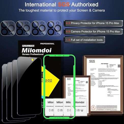 واقي شاشة للخصوصية من Milomdoi مكون من 4 قطع لهاتف Apple iPhone 15 Pro Max مع 4 قطع من واقي عدسة الكاميرا من الزجاج المقوى، وملحقات Ultra 9H، صديقة للحافظة، إطار تثبيت، منحني 2.5D، أسود in Kuwait