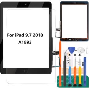 for iPad 9.7 2018 Touch Screen for iPad 6 Digitizer 6th Gen A1893 Screen Replacement A1954 Touch Glass Front Panel Sensor Installed Adhesive +Tools+Tempered Glass (with Home Button) (Black)