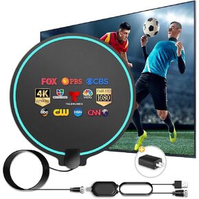 Digital HDTV Antenna Long Range 380 Miles Indoor Amplified Signal Booster Support 4K 1080P UHF VHF FM Local Channels with 13.4ft Coax Cable and USB Power Adapter