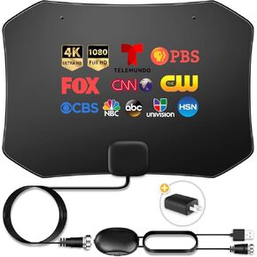Digital TV Antenna, 380 Miles Indoor Amplifier Signal Booster Long Range HDTV Antenna Support 4K 1080P UHF VHF Free Local Channels with 13.4ft Coax Cable and USB Power Adapter