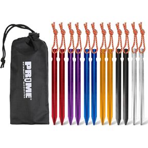 PR1ME Aluminum Tent Stakes, 12 Pack Lightweight Stakes Pegs Heavy Duty Camping Spikes, Ultralight Tent Nail with Reflective Rope, Carry Bag, Tent Accessories for Camping Rain Tarps Hiking Backpacking