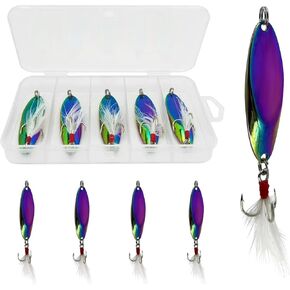Fishing Spoons Fishing Lures Casting Spoon Metal Jig Lure Trout Lures for Freshwater/Saltwater, Reflective Spoons Bait with Treble Hooks Fishing Tackle 0.17 oz - 0.63 oz 5 Pcs