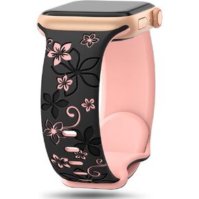 Floral Engraved Bands Compatible with Apple Watch Band 41mm 40mm 44mm 45mm 42mm 38mm 49mm 46mm for Women,Cute Flower iWatch Bands Soft Silicone Sport Strap for iWatch Series SE 10 9 8 7 6 5 4 3 Ultra