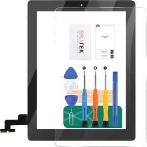 SRJTEK لجهاز iPad 2 شاشة بديلة تعمل باللمس A1397 A1395 A1396 أجزاء زجاجية رقمية تعمل باللمس، مع زر الصفحة الرئيسية + حامل الكاميرا + لاصق مثبت مسبقًا + إطار إطار متوسط ​​(أسود)