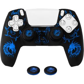 Lightning Dragon Blue Laser Engraved Dragon Silicone Case Skin Case (Radiation) for PS5 Controllers x 1 with Laser Dragon Thumb Grips x 2.