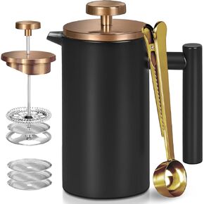 Black Stainless Steel French Press Coffee Maker, Double Wall Insulated French Press,for Coffee&Tea,with 3 Extra Screens and a Coffee Spoon,12oz/350ml,Gold