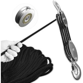 Block and Tackle Pulley System, Upgraded 3-Wheel Rope Pulley Hoist, 5:1 Lifting Power, 1100LB Work Load with 55Ft of 1/4" Rope, Ultra-Compact Rope Hoist for Garage, Hunting, and Heavy Lifting