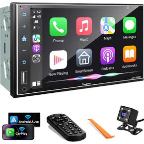 SJoyBring Wireless Double Din Car Stereo with Carplay, Android Auto, QLED Touchscreen, Bluetooth, 4-Channel RCA, 60W*4 High Power, Subwoofer, 7" Car Radio Receiver, Backup Camera