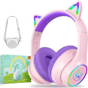 LOBKIN Bluetooth 5.3 Kids Headphones with Case - RGB LED Light Up Cat Ears Foldable Adjustable Over Ear Headphone Support Wireless or 3.5mm Wired Mode for Toddler & Girls & Boys Teens