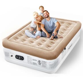 MoKo Air Mattress Queen with Built in Pump, 18'' Luxury Inflatable Mattress, 3 Min Fast Blow up Mattress, Comfort Top - Velvety Air Bed for Home, Camping, Travel, Guests, Black/Gray